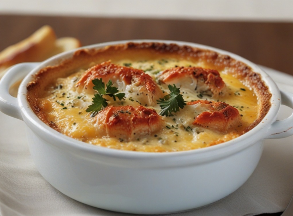 A beautifully plated crab brûlée in a ramekin, featuring a crisp caramelized sugar crust and garnished with fresh herbs, served on a white background.