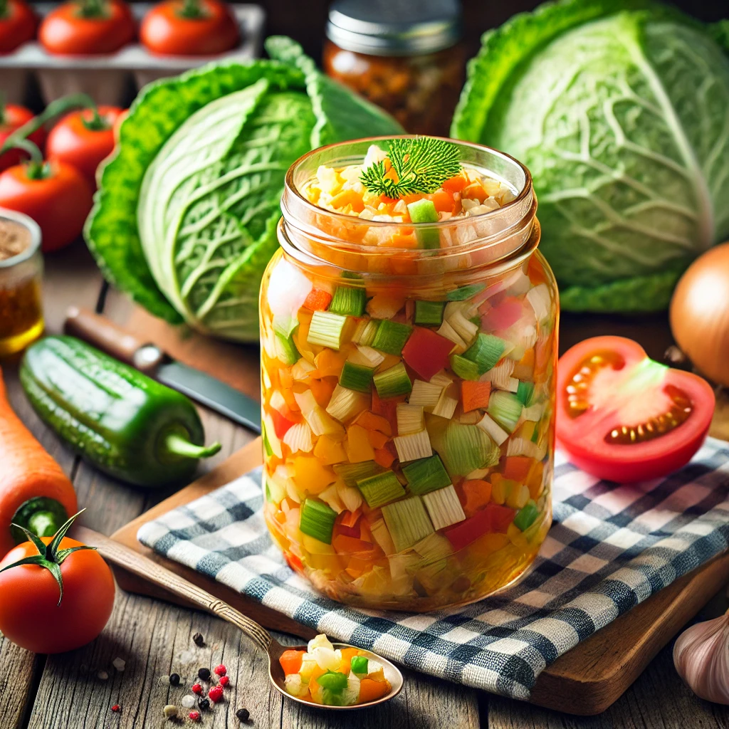 A jar of homemade chow chow relish on a rustic wooden countertop surrounded by fresh vegetables like cabbage, tomatoes, peppers, and onions, with a small spoon on the side.