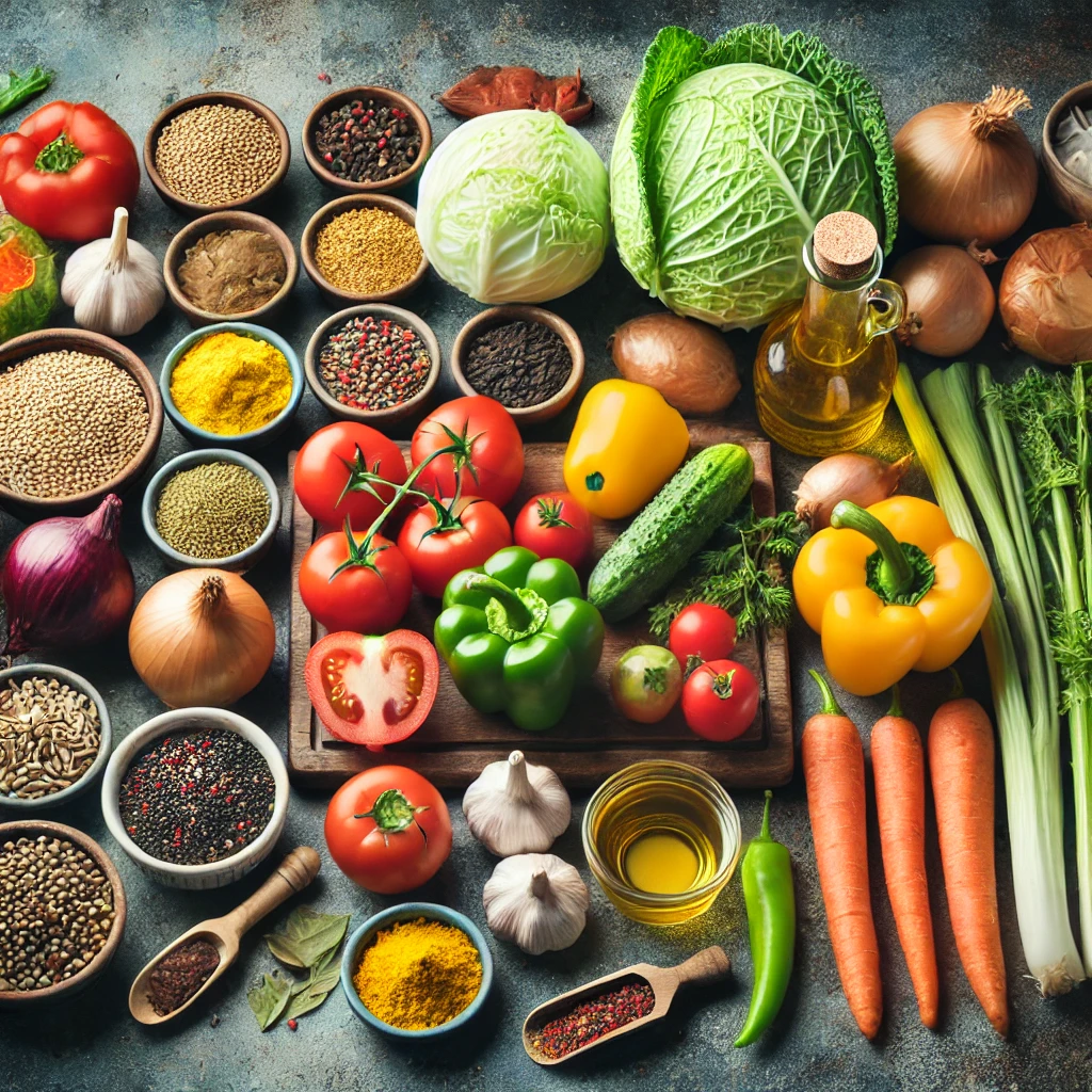 Flat-lay of ingredients for a chow chow recipe, including fresh vegetables like cabbage, tomatoes, bell peppers, onions, and spices such as mustard seeds, turmeric, and celery seeds, neatly arranged on a rustic kitchen countertop.