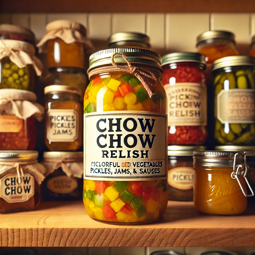 A vibrant jar of chow chow relish with a rustic label, placed on a wooden pantry shelf surrounded by other jars of preserves, including pickles, jams, and sauces