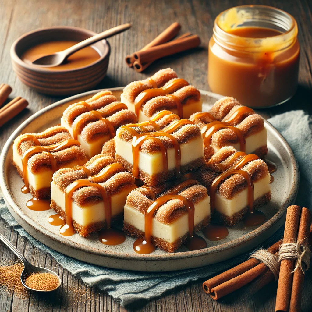 Delicious churro cheesecake bars with a golden cinnamon-sugar crust, creamy cheesecake filling, and caramel drizzle on top. The bars are arranged on a rustic plate surrounded by cinnamon sticks and a jar of caramel sauce.