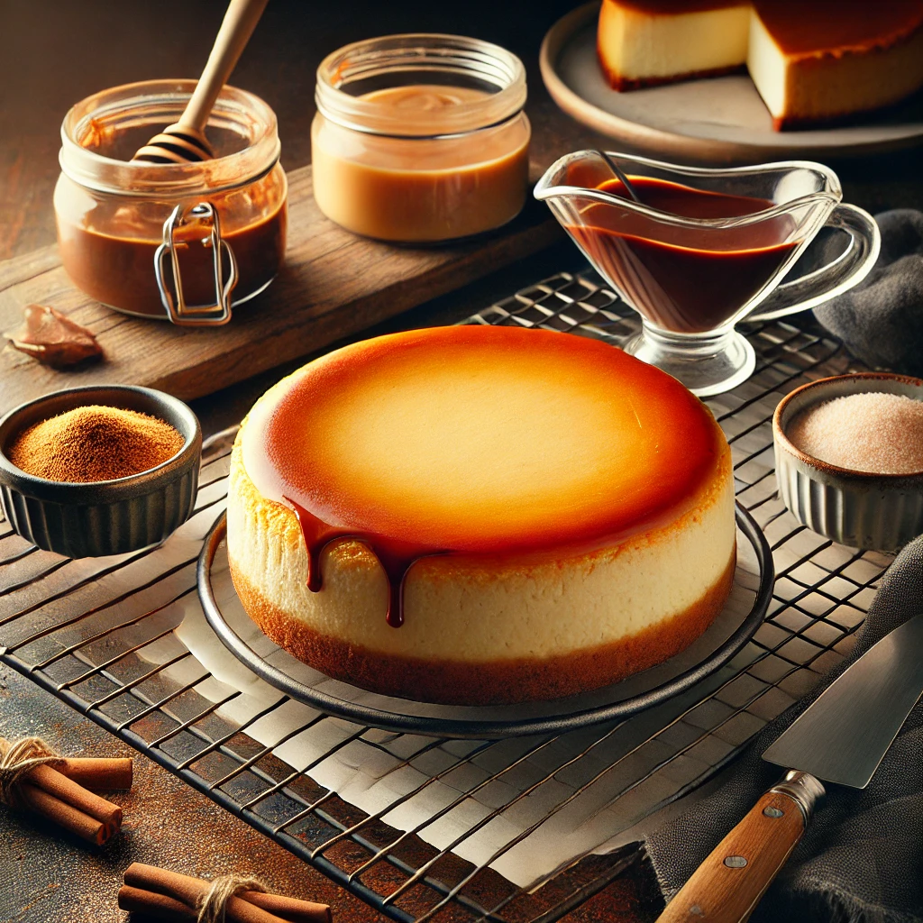 A perfectly baked cheesecake cooling on a wire rack, featuring a golden crust and smooth top. Surrounding it are bowls of chocolate drizzle, cinnamon sugar, and caramel sauce, set on a rustic kitchen countertop.