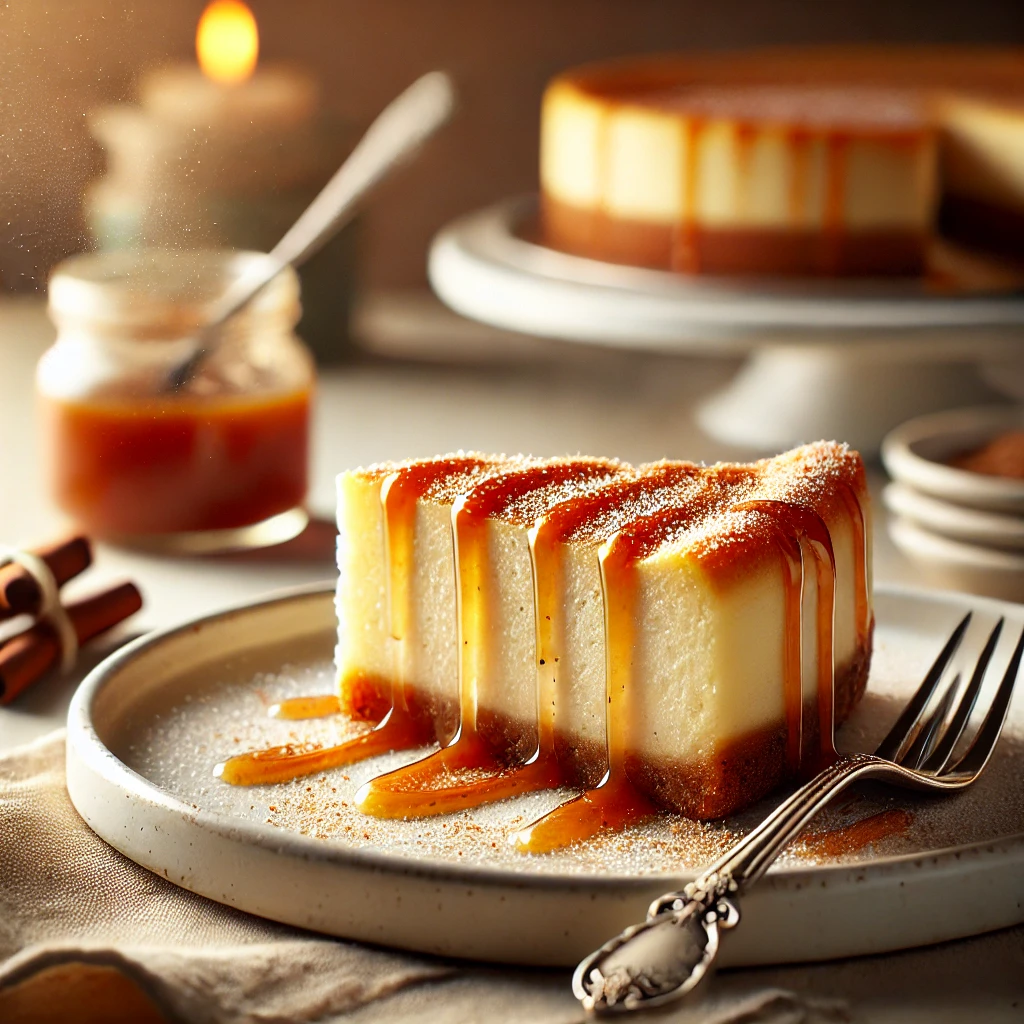 A plated slice of cheesecake with caramel drizzle and a dusting of cinnamon sugar on a white dessert plate, accompanied by a silver fork. The background includes blurred elements like cinnamon sticks and a jar of caramel, creating a warm, cozy atmosphere.