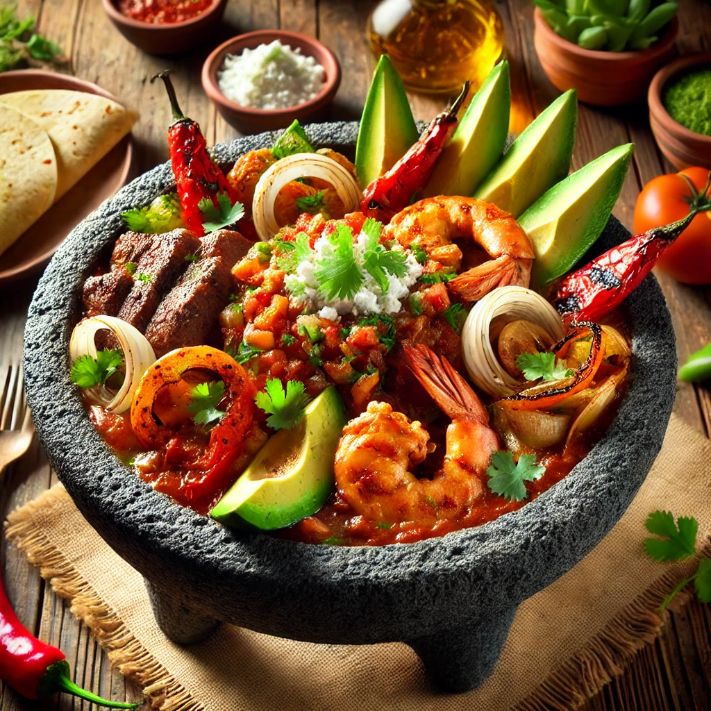 A traditional molcajete dish served in a volcanic stone bowl, featuring grilled chicken, beef, shrimp, roasted vegetables, and garnishes of avocado, queso fresco, and cilantro.