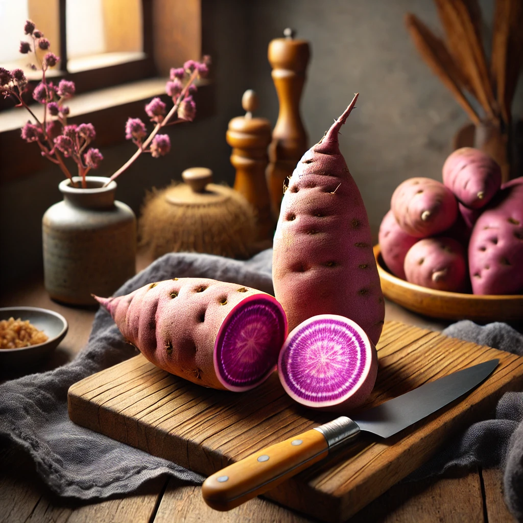 Rustic display of Okinawan and Stokes purple sweet potatoes on a wooden cutting board, with one sliced open to show its vibrant purple interior.