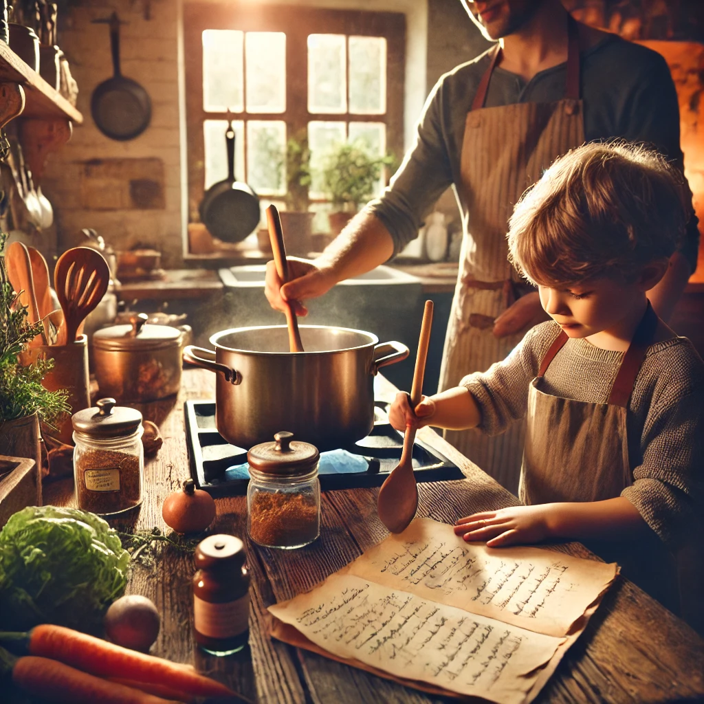  A cozy scene where a child holds a handwritten recipe card and an adult stirs a pot, symbolizing the importance of family traditions.