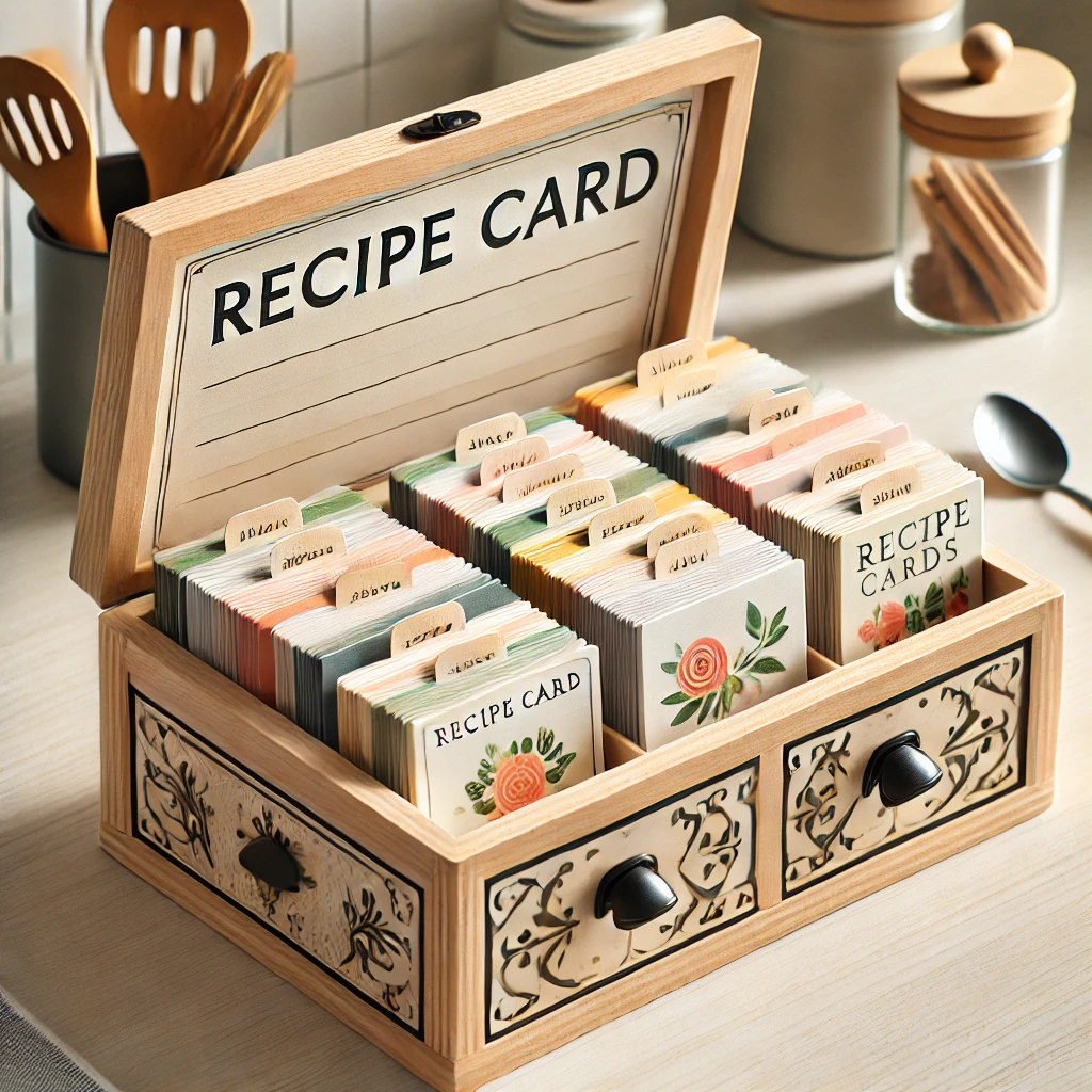 A neatly organized recipe card box with dividers, showcasing an accessible and stylish storage solution.