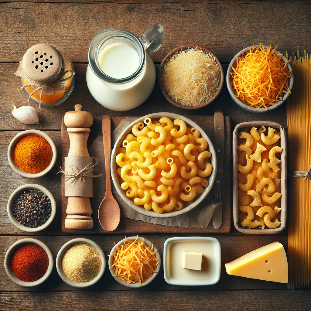 A flat lay of mac and cheese ingredients on a wooden countertop, featuring uncooked pasta, shredded cheeses, milk, butter, and spices in small bowls.