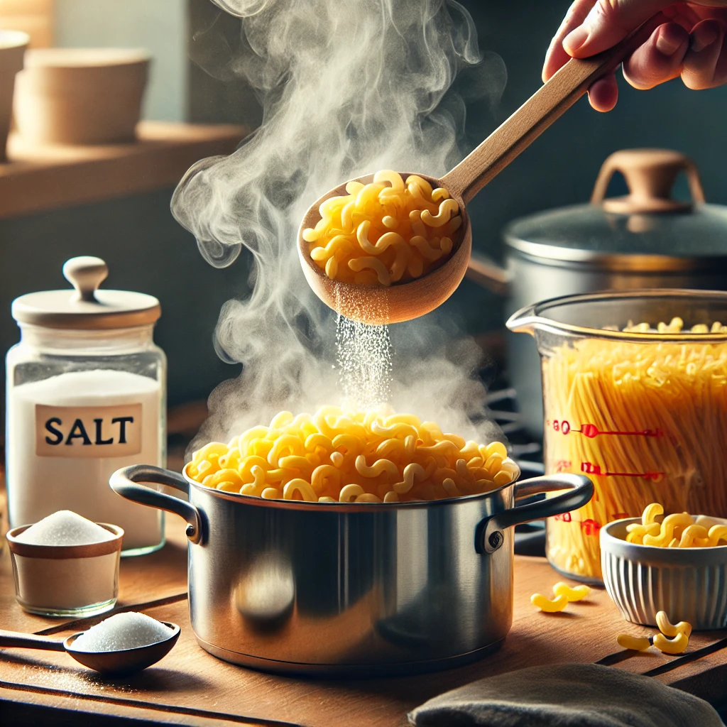 A steaming pot of boiling water on a stovetop with elbow macaroni being poured in, surrounded by salt and a wooden spoon.