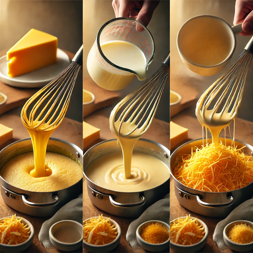 A sequence of images showing a roux being whisked in a saucepan, milk being poured in, and a finished creamy cheese sauce with grated cheese nearby.