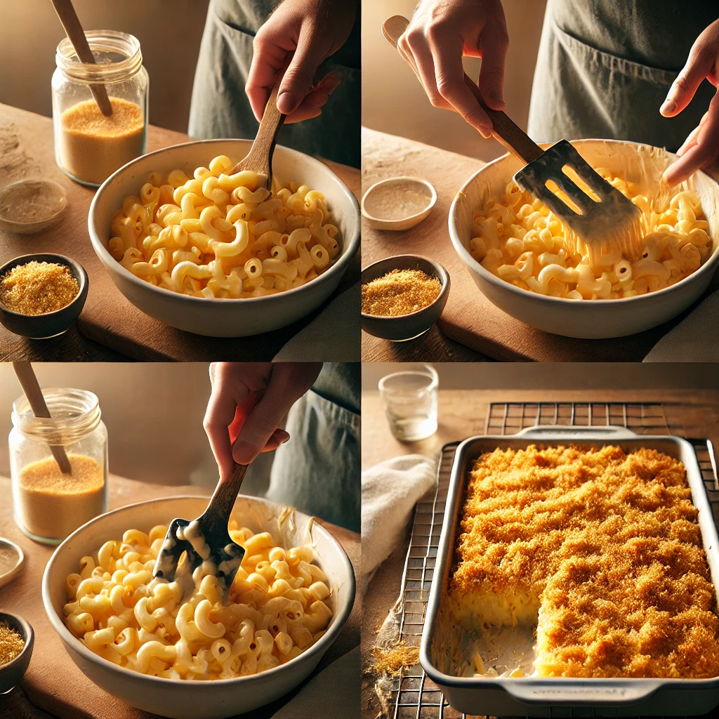 A mixing bowl with pasta being folded into creamy cheese sauce, followed by mac and cheese being placed in a baking dish topped with breadcrumbs.