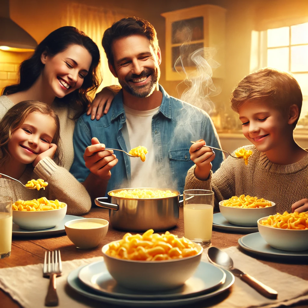 A happy family sitting at a dinner table, enjoying steaming bowls of creamy mac and cheese, with smiles and a cozy kitchen background.