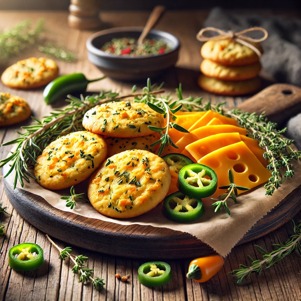 A rustic serving platter on a wooden table with golden Parmesan herb cookies and cheddar jalapeño cookies, garnished with fresh rosemary, thyme, and jalapeño slices.