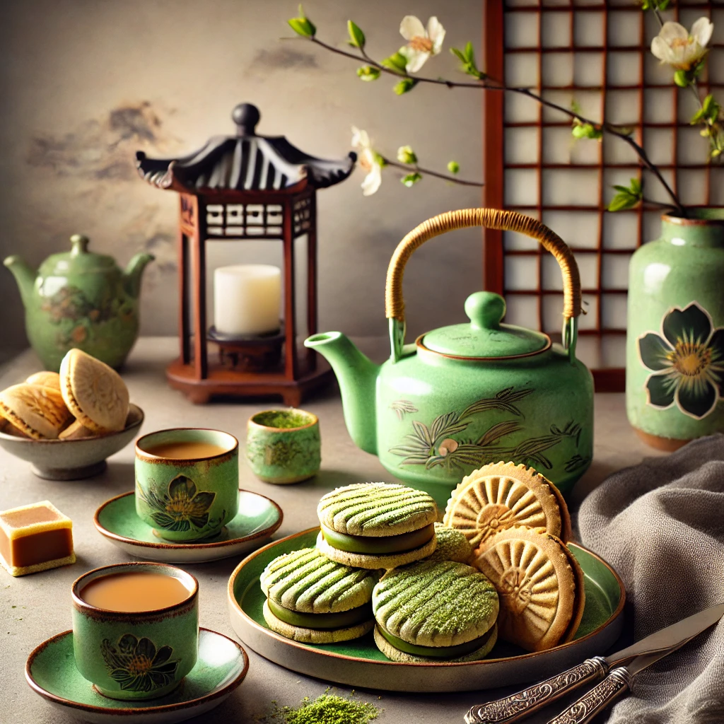 A Japanese-style tea setting with matcha sesame cookies, a traditional teapot, and alfajores on a decorative plate with a jar of dulce de leche.