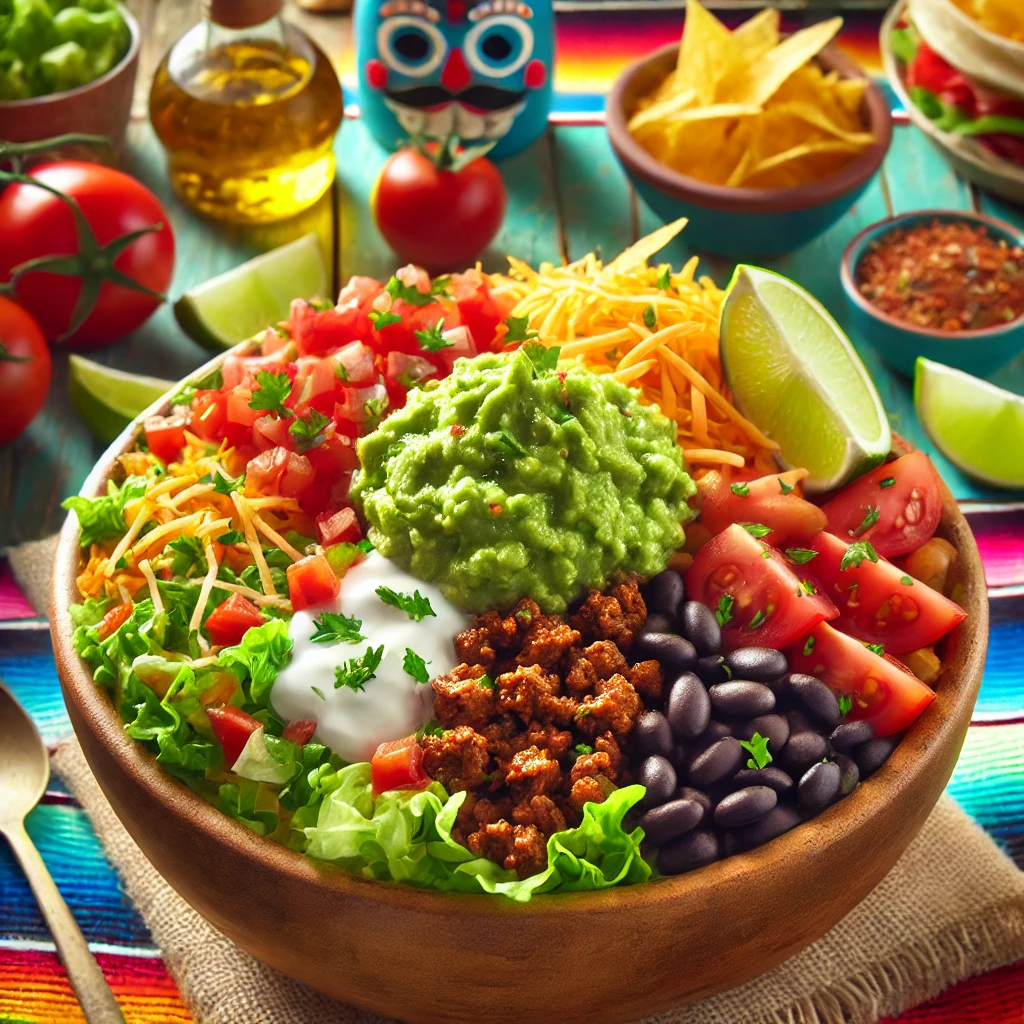 A vibrant taco bowl filled with rice, seasoned ground beef, black beans, lettuce, tomatoes, guacamole, sour cream, shredded cheese, and tortilla strips, with a lime wedge on the side.