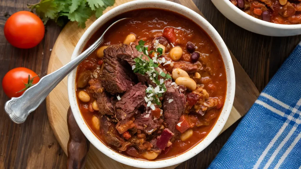 A smoky Brisket Chili Recipe featuring tender brisket chunks, bold spices, and a hearty tomato-based sauce, perfect for comfort food lovers.



