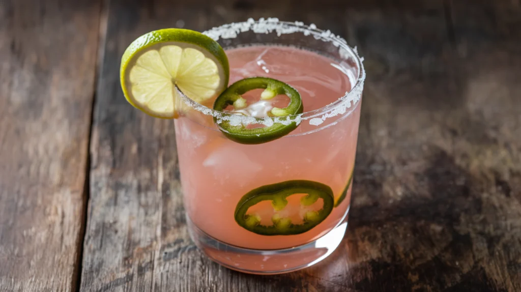 A glass of skinny spicy margarita garnished with a lime wedge and jalapeño slice.