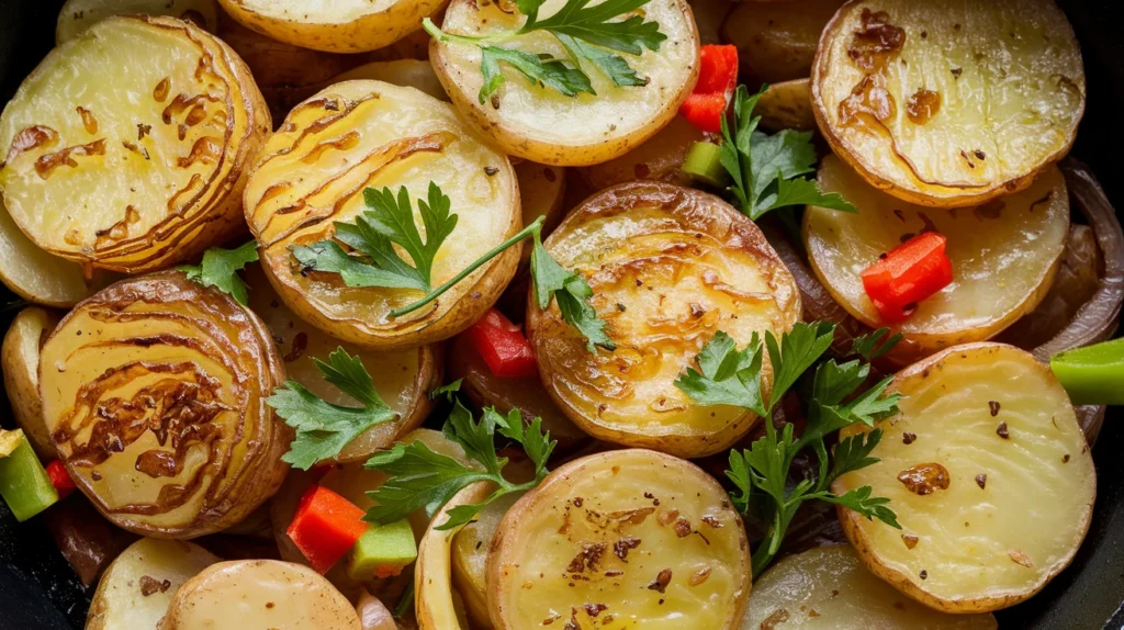 Skillet of smothered potatoes with golden-brown potato slices, caramelized onions, bell peppers, and fresh parsley garnish.