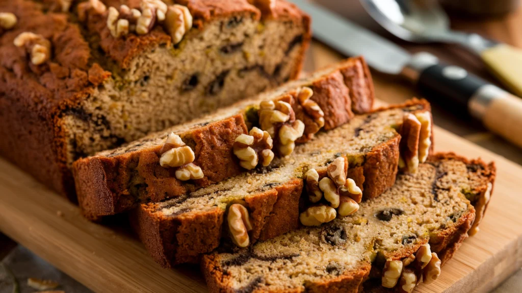 Freshly baked zucchini banana bread loaf sliced on a wooden board, showcasing its moist texture and golden crust.