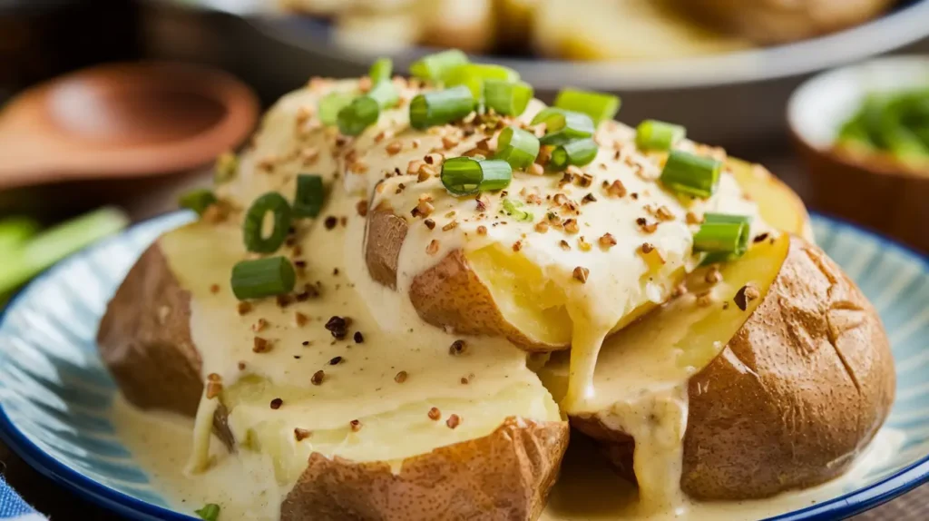 A close-up of creamy, golden smothered potatoes served on a plate.