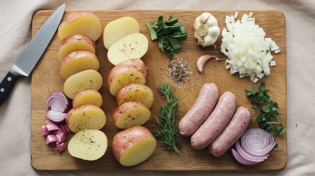 Flat-lay image of sliced potatoes, sausage links, chopped onions, minced garlic, fresh herbs, and seasonings arranged on a wooden cutting board.