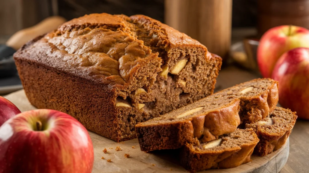 A freshly baked loaf of banana bread made with applesauce, sliced on a wooden cutting board, perfect for a healthy snack or breakfast.