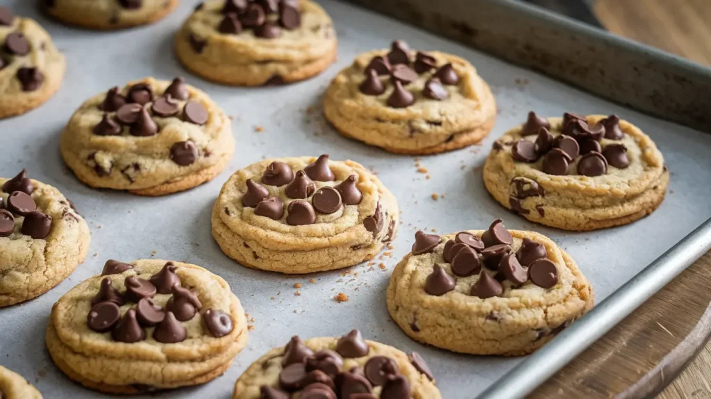 A plate of freshly baked Ghirardelli chocolate chip cookies with golden edges, melty chocolate chips, and a soft, chewy texture.