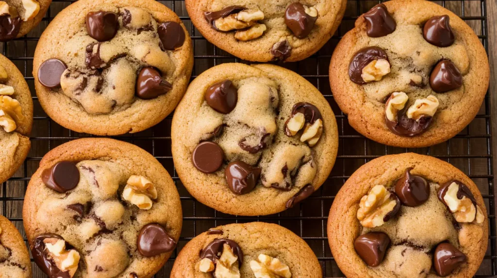 A plate of freshly baked chocolate chip walnut cookies with golden edges, gooey chocolate chips, and crunchy walnut pieces.