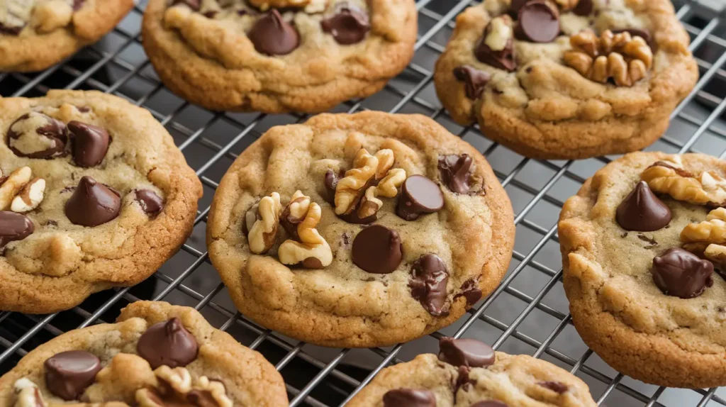 A batch of freshly baked walnut chocolate chip cookies on a cooling rack, featuring golden edges, gooey chocolate chips, and crunchy walnuts.