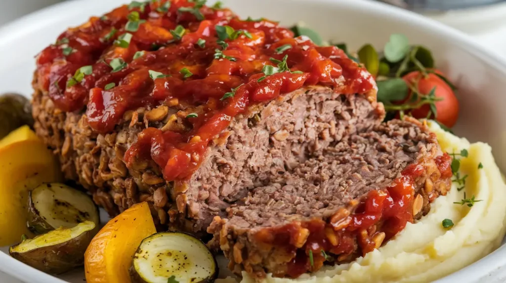 A golden-brown Quaker Oats meatloaf topped with a rich tomato glaze, served with roasted vegetables and mashed potatoes.