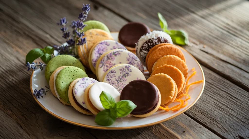 A beautifully arranged plate of unique cookies, including matcha white chocolate, lavender shortbread, chocolate-dipped macaroons, and sweet potato spice cookies, styled with lavender, basil leaves, and orange zest on a rustic wooden table.

