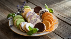 A beautifully arranged plate of unique cookies, including matcha white chocolate, lavender shortbread, chocolate-dipped macaroons, and sweet potato spice cookies, styled with lavender, basil leaves, and orange zest on a rustic wooden table.