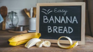 A moist banana bread loaf made with 2 ripe bananas, sliced and served on a wooden cutting board.