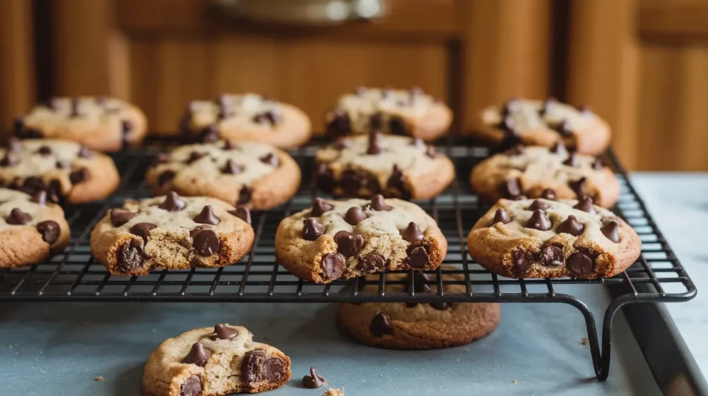 Freshly baked chocolate chip banana cookies on a cooling rack, showing their golden-brown edges and soft texture.