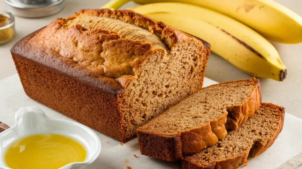 A freshly baked loaf of banana bread made with oil, sliced to reveal a moist and tender crumb.