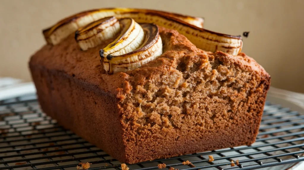 A freshly baked loaf of banana bread made with two bananas, sliced and served on a wooden board