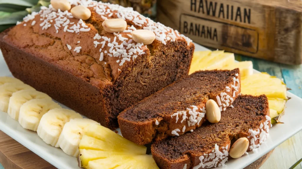 A loaf of Hawaiian banana bread on a wooden cutting board, topped with shredded coconut and sliced macadamia nuts, surrounded by fresh bananas and pineapple slices.