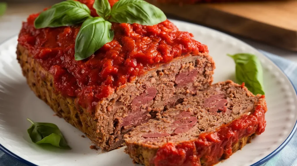 A delicious Italian meatloaf topped with marinara sauce, garnished with fresh basil, and served on a white plate.