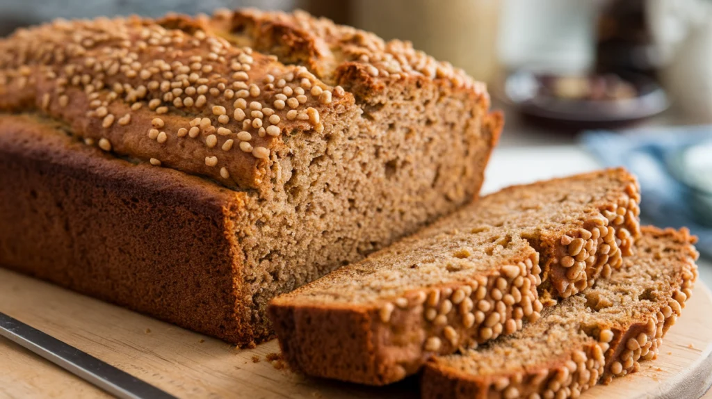 A moist and golden loaf of banana bread made using oil, sliced and served on a wooden board.