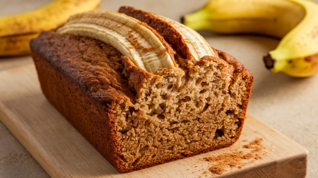 A freshly baked loaf of banana bread with no flour, sliced and served on a wooden cutting board, showcasing its moist and fluffy texture.