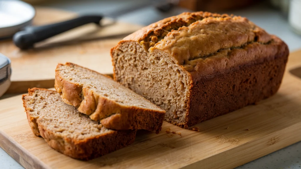 A loaf of moist banana bread made with two bananas, sliced and served on a wooden cutting board.