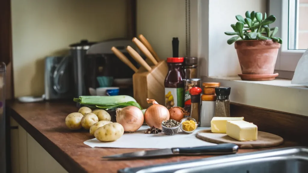 Ingredients for cooking smothered potatoes, including potatoes, onions, spices, butter, and broth, neatly arranged on a kitchen counter.