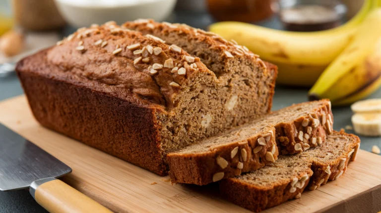 A freshly baked loaf of butter-free banana bread on a wooden cutting board, surrounded by ripe bananas and a knife for slicing.