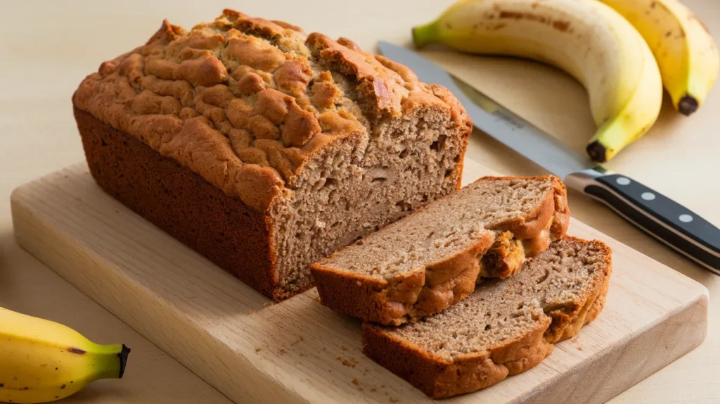 A freshly baked loaf of banana bread made with cake mix, placed on a wooden cutting board, surrounded by ripe bananas and a knife