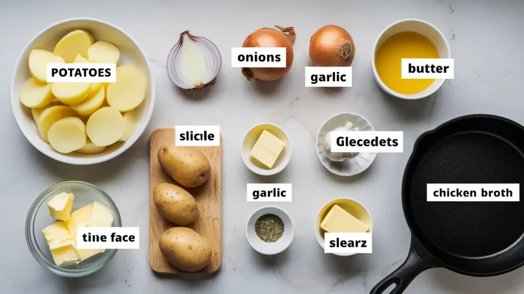 A neatly arranged countertop with sliced potatoes, onions, garlic, butter, chicken broth, and a skillet. Each ingredient is labeled clearly for easy identification.