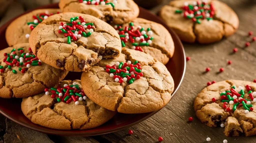 A plate of Christmas chocolate chip cookies decorated with red and green sprinkles, perfect for holiday celebrations.