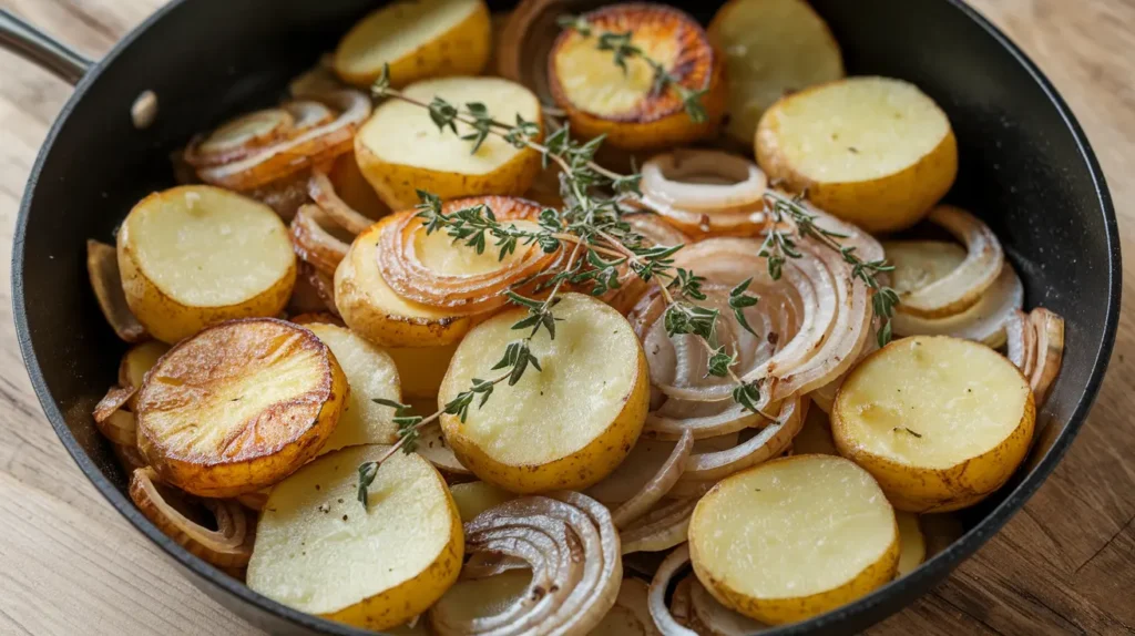 A skillet filled with sliced potatoes and onions cooking together, lightly seasoned and sautéing to golden perfection.