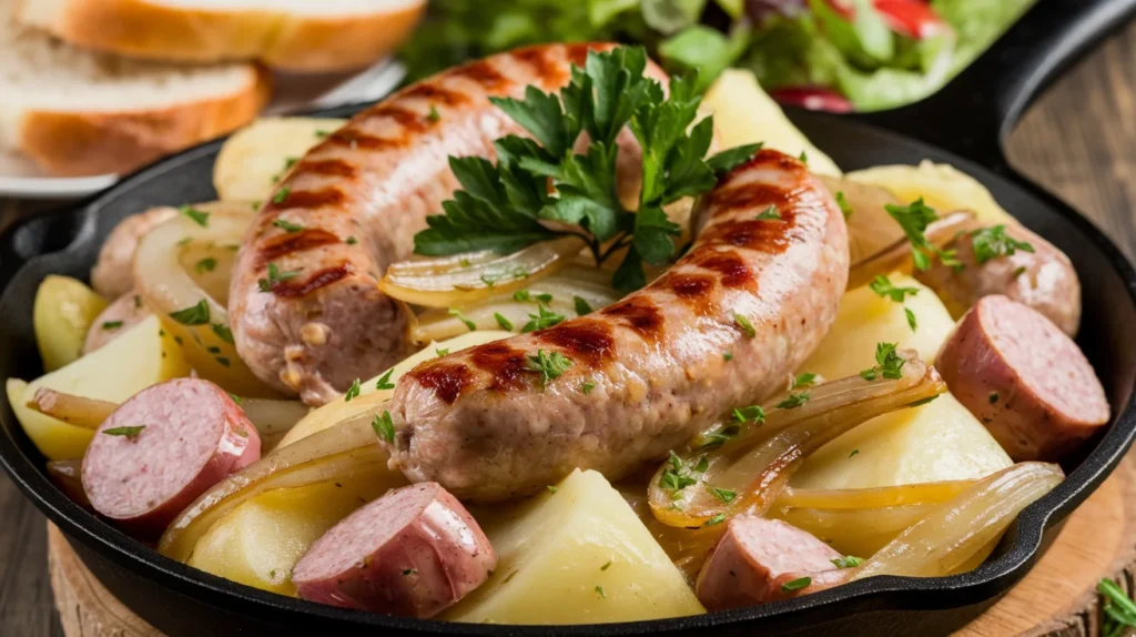 A skillet of golden sausage, creamy potatoes, and caramelized onions garnished with parsley, served with bread and a green salad.