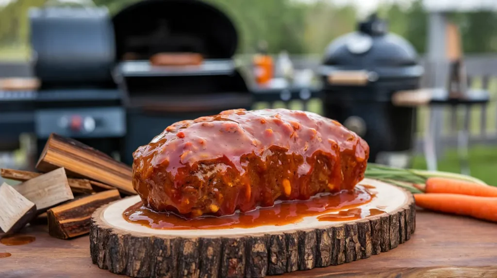 Smoked meatloaf with smoky flavors and tender texture served with a side of BBQ sauce