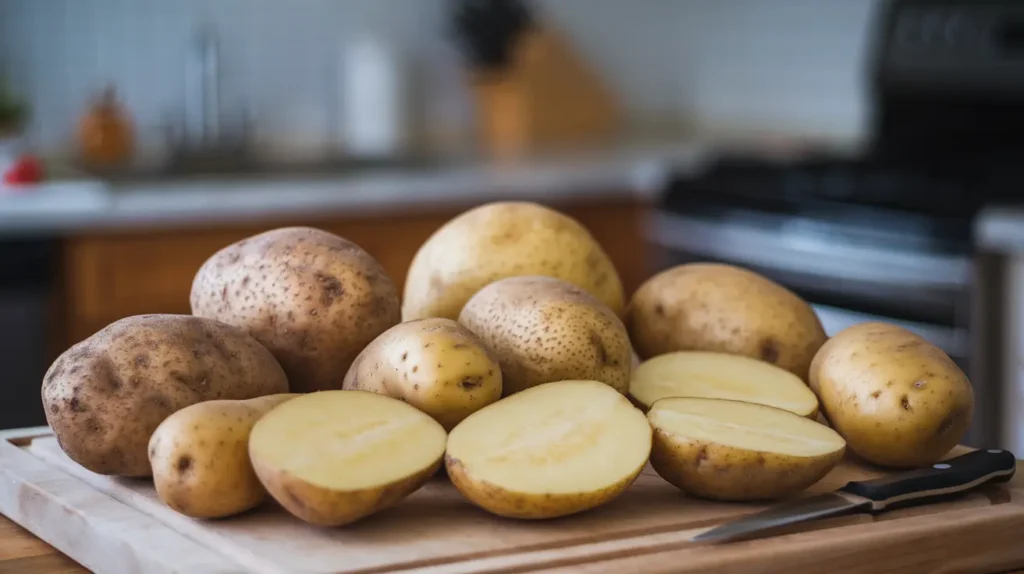 A variety of potatoes, including russet and Yukon Gold, displayed on a wooden cutting board.